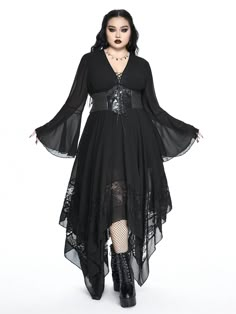 Dark Gothic Deep V-Neck Flare Sleeve Asymmetrical Hem Contrast Lace Cinched Waist Dress For Plus Size Black Elegant  Long Sleeve Chiffon Colorblock,Plain A Line Non-Stretch  Women Plus Clothing, size features are:Bust: ,Length: ,Sleeve Length: Gothic Dress Plus Size, Plus Size Whimsigoth Fashion, Plus Size Goth Dress, Gothic Sundress, Black Vampire Dress, Plus Size Witch Costume, Midsize Goth, Winged Sleeves, Goth Plus Size