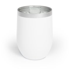 a white cup with a silver lid