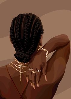 the back of a woman's head with her hands on her hips, wearing gold jewelry