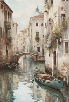 a painting of a gondola on the side of a river with buildings in the background