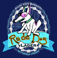 the logo for rude dog aleger is shown in blue and orange with an image of a dog on it's back