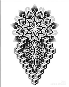 an intricate black and white design with geometric shapes on the bottom half of the image