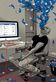 a man sitting in front of a computer monitor surrounded by birds flying over his head