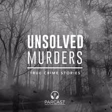 the title for unsolved murders, featuring trees and fog in black and white