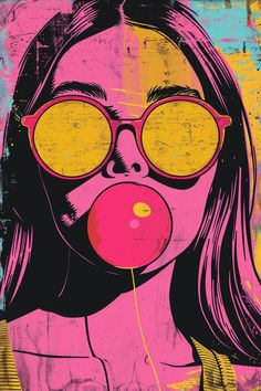 a woman wearing sunglasses blowing a bubble with her nose covered in pink and yellow bubbles