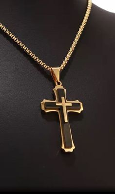 "22\" MEN'S Two Tone black and Gold  Stainless Steel Religious 3 Layer Large CROSS Pendant Necklace. Cross Pendant measures approx: 31mm x 60mm. ( 1.22\" x 2.36\" ) #1095 BLK/GOLD *Packaged Ready for gift giving*" Cross Pendant Men, Compass Pendant, Mens Gold Jewelry, Necklace Cross, Crystal Fashion, Jesus Cross, Cross Bracelet, Mens Pendant, Black Chain