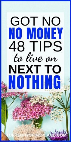 a blue and white sign with flowers on it that says, got no money 48 tips to live on next to nothing