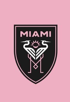 the miami city soccer club logo on a pink and black shield with two flamingos