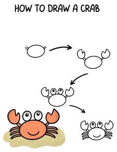 how to draw a crab for kids with pictures and text on the bottom right corner