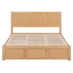 a wooden bed frame with two storage drawers on each side and an open drawer underneath the headboard