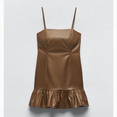 Zara Faux Leather Dress Me With Tags Size M Light. Brown Mini Dress With Straight Neckline And Spaghetti Straps Flounced Hem Hidden In Seam Zip Closure 100% Polyester Zara Short Dress, Zara Floral Dress, Zara Mini Dress, Dress Date Night, Spaghetti Strap Bodycon Dress, Leather Mini Dress, Faux Leather Dress, Halter Mini Dress, Denim Mini Dress