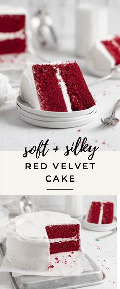 red velvet cake with white frosting and soft silky icing on the top slice