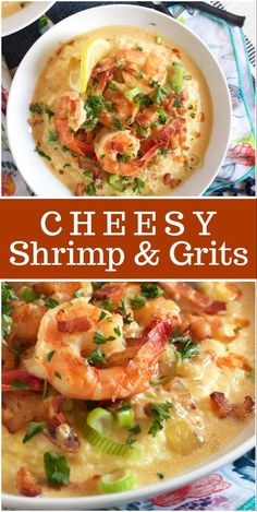 cheesy shrimp and grits in a white bowl with garnish on top