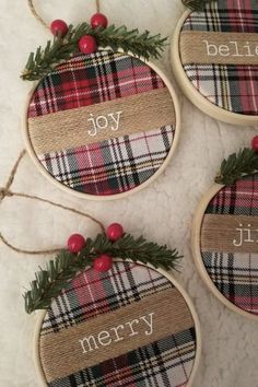 three christmas ornaments with the words joy and merry on them