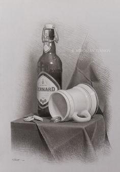 a black and white drawing of a beer bottle next to an empty cup on a table