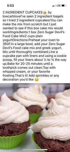 some chocolate cupcakes with white frosting on top and an instagram post about them