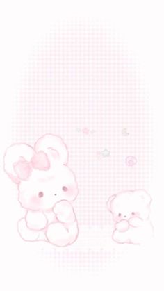 two white teddy bears sitting next to each other on a checkered background with stars