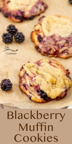 blackberry muffin cookies on parchment paper with blackberries in the background and text overlay