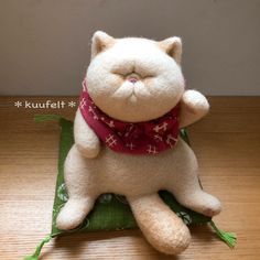 a white cat with a red scarf around its neck sitting on top of a green mat