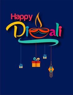 happy diwali greeting card with gift boxes and gifts hanging from strings on blue background