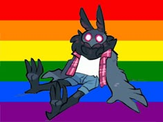 a drawing of a rabbit in front of a rainbow flag