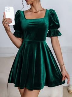 Women's Elegant Pearl Decor Frill Puff Sleeve Christmas Green Dress Green Party  Short Sleeve Knitted Fabric Plain,All Over Print A Line,Fit and Flare Slight Stretch  Women Clothing, size features are:Bust: ,Length: ,Sleeve Length: Christmas Short Dresses, Dark Green Dress With Sleeves, Holiday Formal Outfit, Winter Green Dress, Christmas Formal Dress, Green Christmas Dress, Winter Tea Party, Dinner Attire, Trendy Christmas Outfits