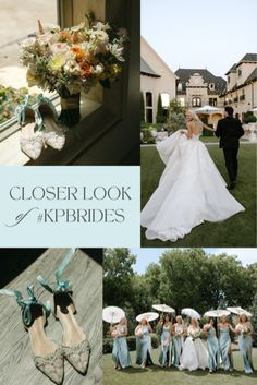 a collage of photos showing the bride and her bridal party in front of their house