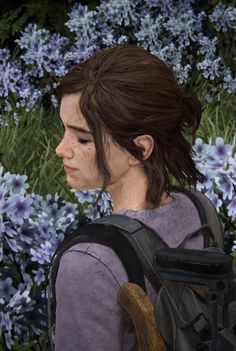 the last of us's ellie in front of blue flowers with her backpack on