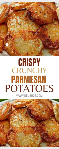 crispy parmesan potatoes on a plate with text overlay that says crispy parmesan potatoes