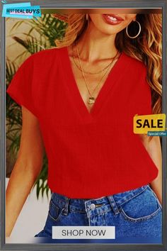 Solid Color Cotton and Linen V-neck Short-sleeved Shirt Summer Cotton V-neck Top, V-neck Tops For Spring, Spring V-neck Top, Casual Solid Color V-neck Top For Summer, Red Solid Color V-neck Top, Solid V-neck Summer Top, Trendy Solid Color V-neck Blouse, Trendy Cotton V-neck Shirt, Solid V-neck T-shirt For Work