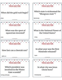 four different types of trivia question cards