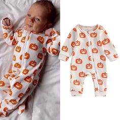 Lovely Baby Girls Boys Halloween Romper Clothes Pumpkin Print Long Sleeve Ruffles Zipper Jumpsuits Baby Boy Halloween Outfits, Tigger Costume, Baby Boy Halloween, Halloween Romper, Collar Bodysuit, Sleeve Ruffles, Pink Onesie, Birthday Idea, Carters Baby Boys