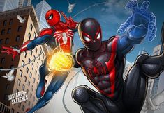 spider - man and the amazing spider - man are flying through the air with their arms outstretched