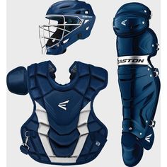 the easton catcher's gear is shown in blue and white, including an umpires mitt