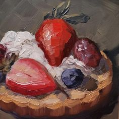 an oil painting of some fruit on a wooden bowl with other items in it, including strawberries and cream