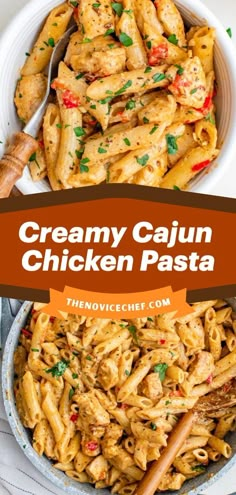 creamy cajun chicken pasta in a white bowl