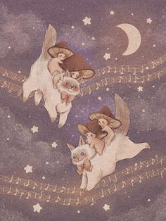 three cats are flying through the sky with musical notes