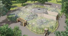 an artist's rendering of a park with trees, benches and a circular play area