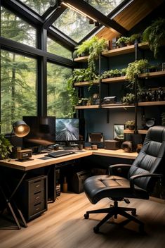 a home office with lots of windows and plants on the desk, along with a leather chair