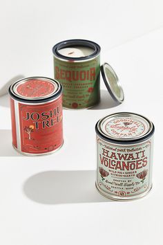 three tins of various types of food on a white surface