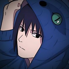 an anime character with black hair wearing a blue hoodie and looking at the camera