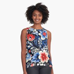 Jungle Pattern, Floral Pattern Design, Sleeveless Top Designs, Tropical Floral Print, Tropical Floral, Summer Floral, Blue Pattern, Stripes Design, Red Flowers