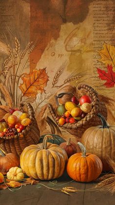 a painting of pumpkins, gourds and leaves on a table with an old paper background