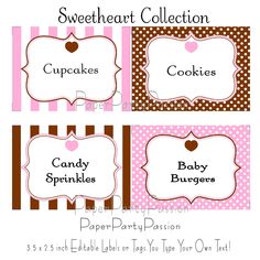 three pink and gray striped labels with hearts on them