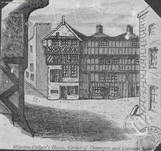 an old black and white drawing of a building in the middle of a city street