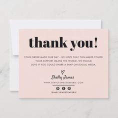 a thank card with the words, thank you on it in black and pink ink