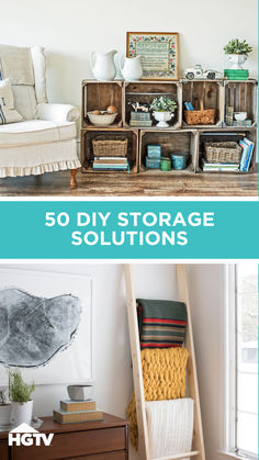 there are several storage options in this living room and the text reads 50 diy storage solutions