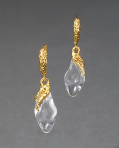 "Find ALEXIS BITTAR Liquid Vine Lucite Raindrop Leverback Earrings on Editorialist. Details These hand-sculpted liquid clear Lucite earrings capture light from every sculptural ripple and add a touch of fantasy to the everyday. Finished with textured 14k gold plated vines and a custom designed leverback closure. 14k gold plated brass, Lucite, leverback Our Lucite is hand-carved and hand-polished in Brooklyn, NY 2g, lightweight UPC: 889519126483 Measurements 1.5\" length x .5\" width Care To clea Alexis Bittar Earrings, Stacked Bangles, Oval Earring, Leverback Earrings, Alexis Bittar, Earring Sale, Antique Shops, Brass Earrings, Rain Drops