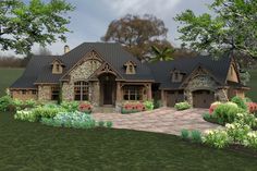 this is an artist's rendering of a house in the country style with stone and brick accents