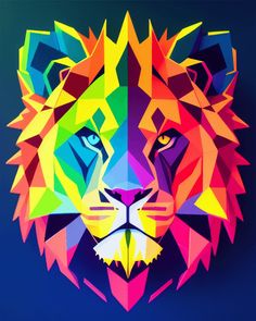 a colorful lion's head on a blue background